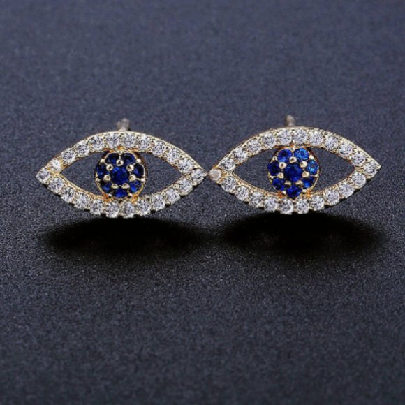 dazzling items Jewelry - Gold and Blue CZ Evil Eye Stud Earrings
